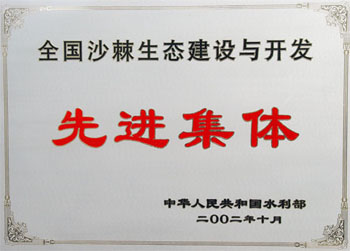 2002年榮獲水利部全國沙棘生態(tài)建設(shè)與開發(fā)先進(jìn)集體稱號